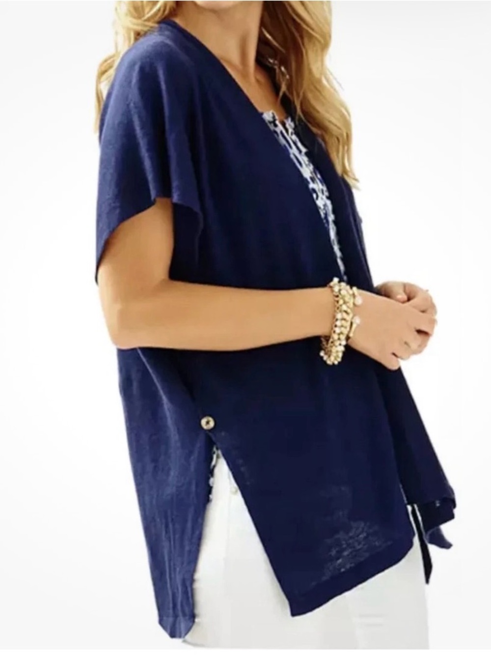 Lilly Pulitzer Navy Short-Sleeve Open Front Knit Cardigan
